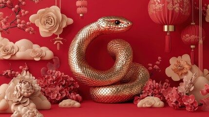 Golden Snake and Lunar New Year Decorations on a Red Background