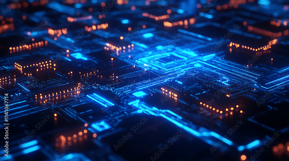 Poster abstract blue circuit board with glowing lights technology background