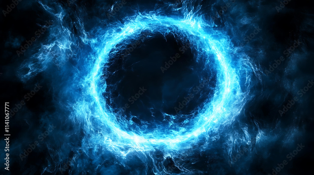 Fototapete abstract blue neon light background with a glowing circular frame and thunder glow effect
