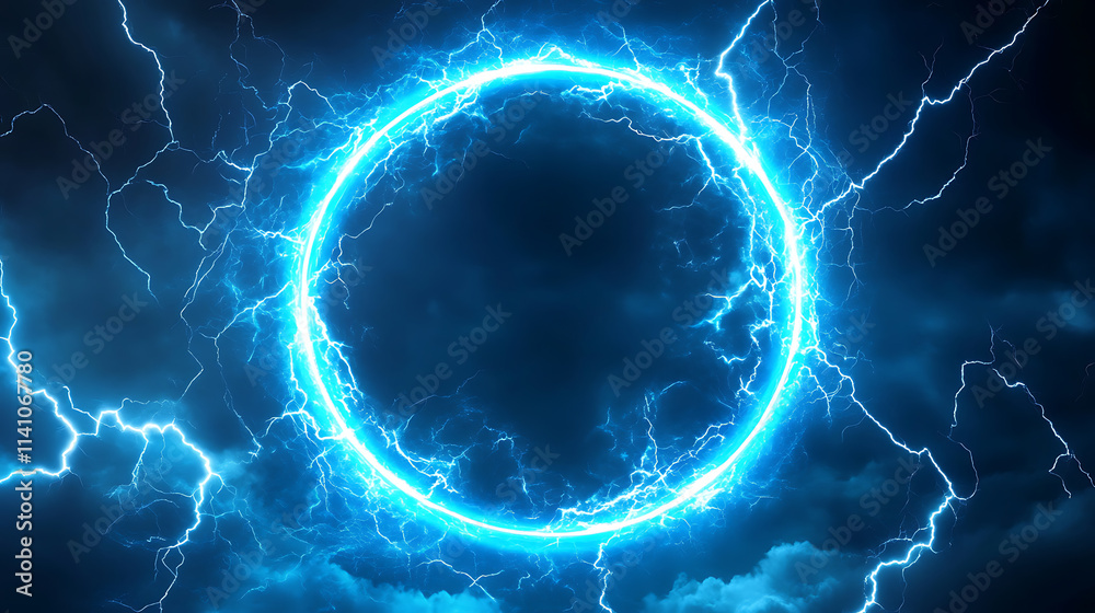 Leinwandbilder abstract blue neon light background with a glowing circular frame and thunder glow effect