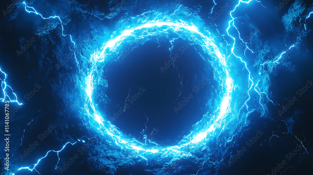 Leinwandbilder abstract blue neon light background with a glowing circular frame and thunder glow effect