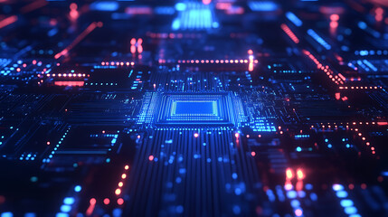 Fototapeta premium Abstract blue circuit board with glowing lights technology background