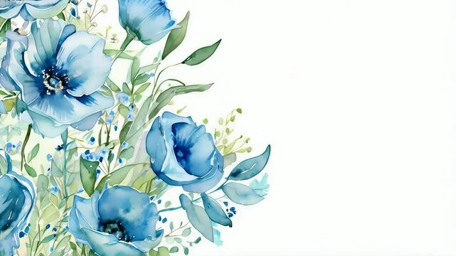 Watercolor painting of blue flowers and green leaves on white background. (1)