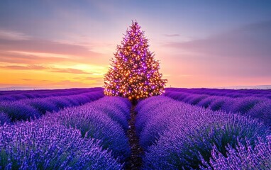 Obraz premium A festive Christmas tree standing in the middle of a lavender field at twilight, surrounded by blooming flowers