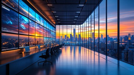 Modern corporate office showcasing edge computing with a stunning city skyline at sunset