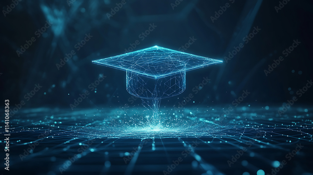 Poster Abstract digital art of an open graduation cap made from glowing lines and dots, floating above a network grid on a dark blue background, power to shape your future through education