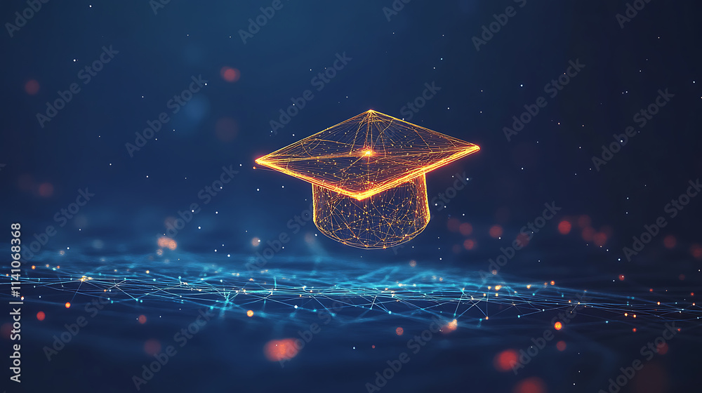 Leinwandbilder abstract digital art of an open graduation cap made from glowing lines and dots, floating above a ne