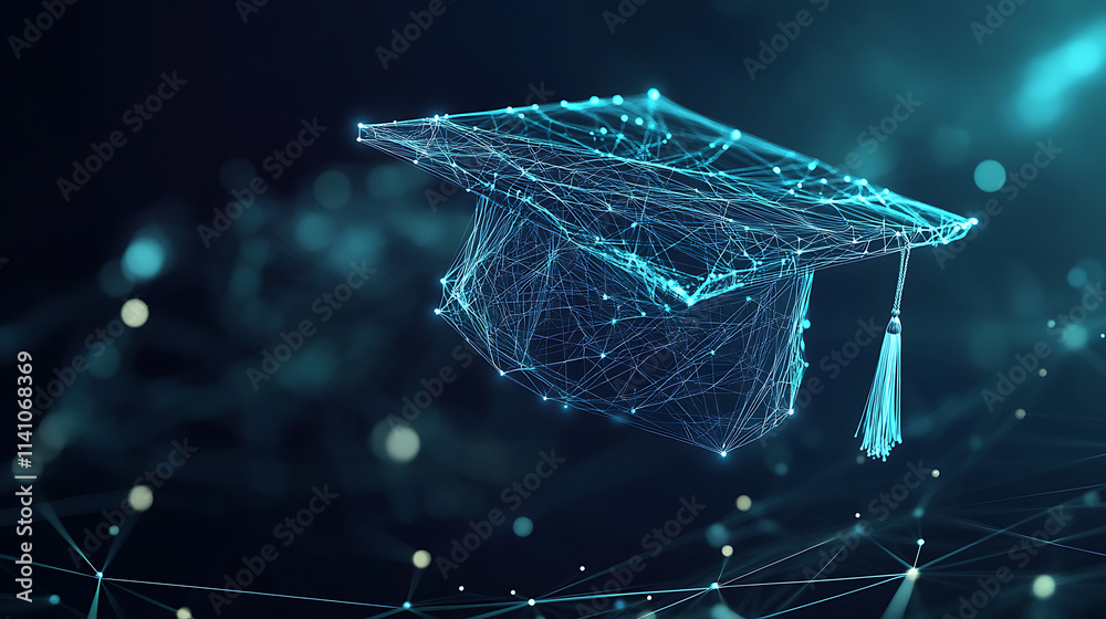 Poster Abstract digital art of an open graduation cap made from glowing lines and dots, floating above a network grid on a dark blue background, power to shape your future through education