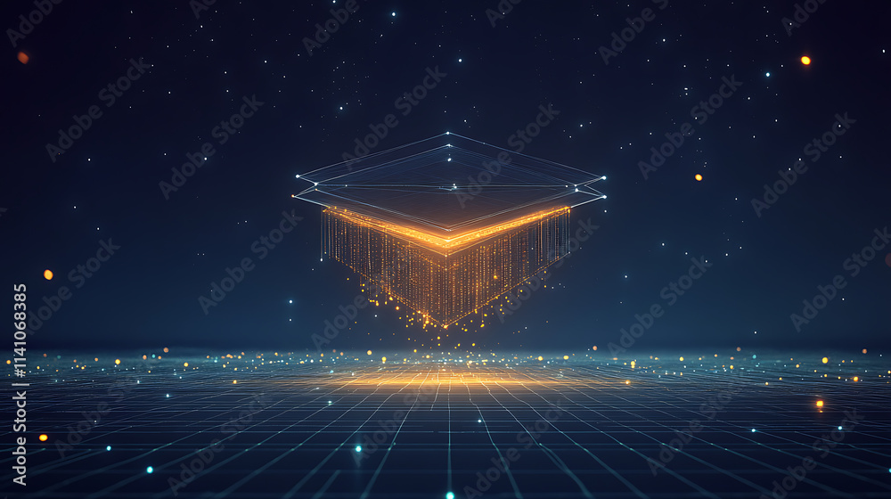 Leinwandbilder abstract digital art of an open graduation cap made from glowing lines and dots, floating above a ne