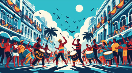 A group of samba drummers energetically playing traditional rhythms in the middle of a packed Rio Street, with people cheering and dancing around them, all under a brilliant blue sky