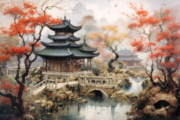 Obraz premium a traditional Chinese garden with a pavilion surrounded by autumn trees and a quiet pond 