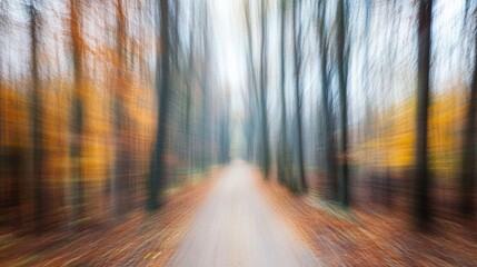 Blurred autumn forest path with trees and fallen leaves.