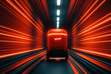 futuristic autonomous delivery robot in vibrant red tunnel, showcasing advanced technology and speed