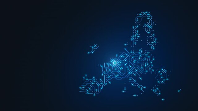 European Union map, circuit board, digital tech background. Seamless loop.