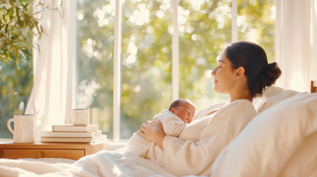 Serene Bedroom Moment with Mother and Baby in Natural Light