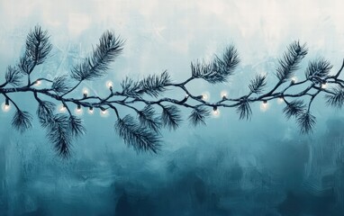 Obraz premium A serene winter scene with frosted pine branches and soft glowing fairy lights over a gradient of icy blues