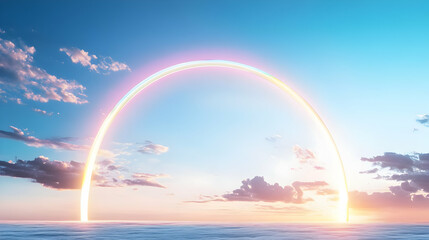 Pastel rainbow arch over a serene sunset sky and cloudscape.