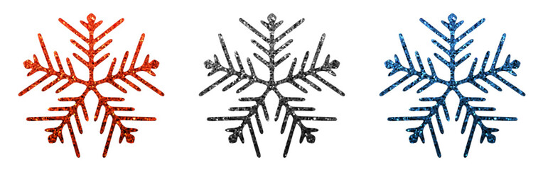 Vector illustration of sparkling red, black, and blue snowflakes with delicate, glittery textures on a white background.