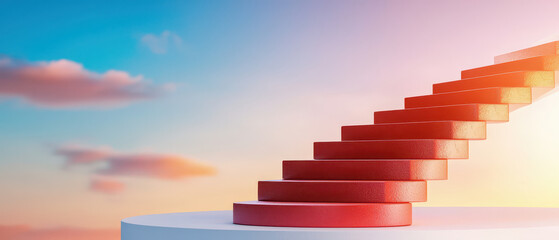 Obraz premium Radiant red stairs ascend into colorful sky, evoking sense of surreal beauty and wonder