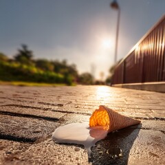 Icecream melting on the walkway under a scorching sun