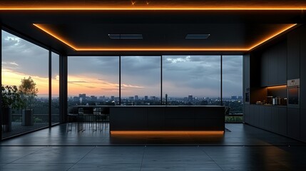 Modern kitchen with panoramic city view at sunset, featuring sleek design and ambient lighting.