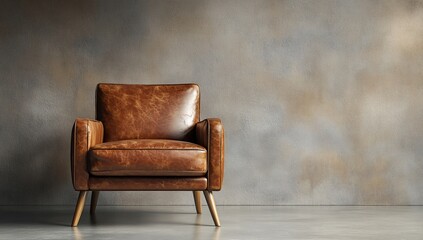 Brown leather armchair against a textured wall.