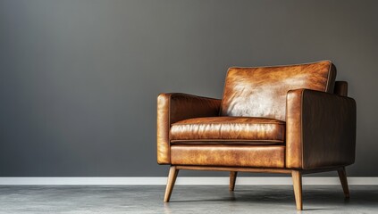 Brown leather armchair against a gray wall. (4)