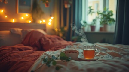 Cozy bedroom interior with a cup of tea and snacks on the bed at night. Warm lighting and plants create a relaxing atmosphere. Soft focus, shallow depth of field..