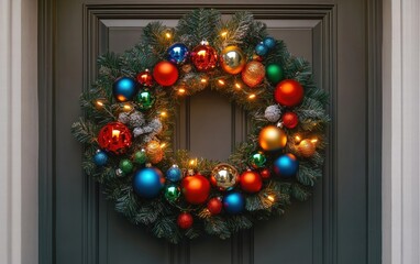 A festive Christmas wreath with colorful ornaments and sparkling lights on a modern door