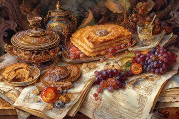 Fototapeta premium a still life in a classical style, executed with great detail and skill. In the foreground are a variety of objects: exquisite ceramic dishes, juicy bunches of grapes, sweet pies and cookies, 