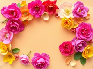 Backdrop of colorful paper roses in various shades of red, pink, orange, and yellow, craft, blooming