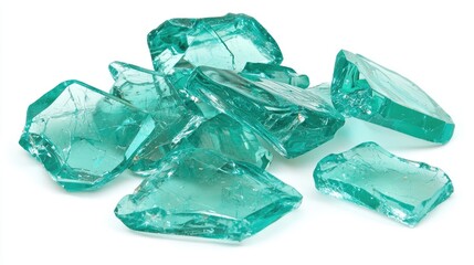 A pile of broken turquoise glass pieces on a white background.