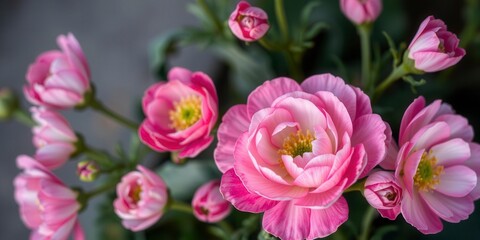 Fototapeta premium Close-up of beautiful pink and white ranunculus flowers in full bloom, petals, ranunculus