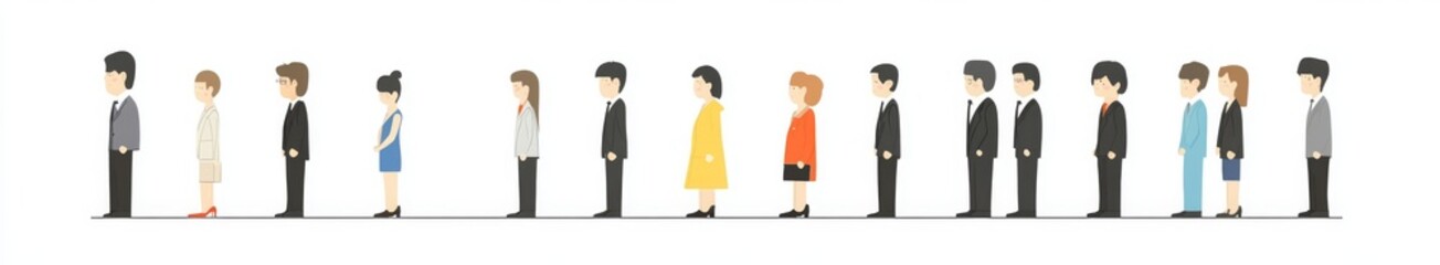 A crowd of people can be seen with a modern banner displayed horizontally. Various individuals, including men, women, parents, and children, are walking outside.