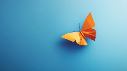 Colorful origami butterfly flying on a blue background generative ai