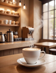 Warm and charming scenes from coffee shops, steaming cups of coffee decorated with cream swirls on the table, steam swipes from cups, soft golden lights and coffee beans
