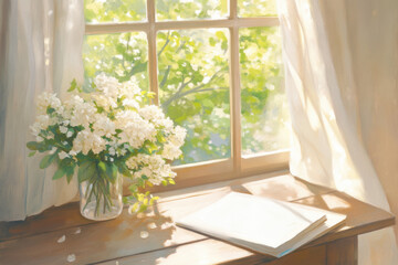 Fototapeta premium Bouquet of flowers and a handwritten 'Happy Mother's Day' card placed on a cozy wooden table, with sunlight streaming through a nearby window. 