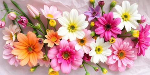 Colorful spring flowers arranged on a paper background, creating a vibrant and beautiful display, blooms, nature