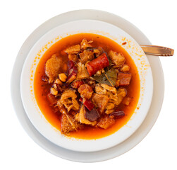 National Spanish dish tripe Callos a la Gallega - thick broth with chickpeas. Isolated over white background