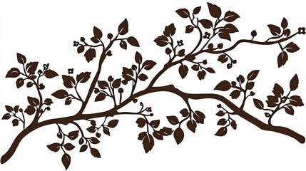Obraz premium A decorative illustration of a brown branch with leaves and flowers on a white background.