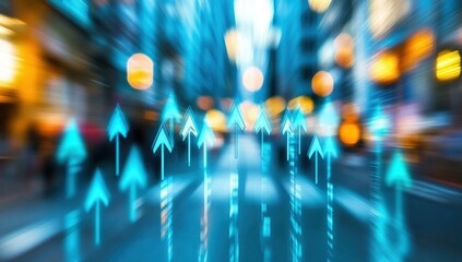 Background with arrows pointing upwards, a stock market growth concept Blue and teal colors, a blurred background of business buildings Generative AI