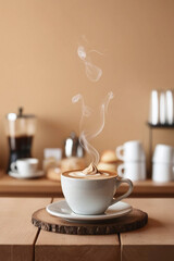 Fototapeta premium Warm and charming scenes from coffee shops, steaming cups of coffee decorated with cream swirls on the table, steam swipes from cups, soft golden lights and coffee beans