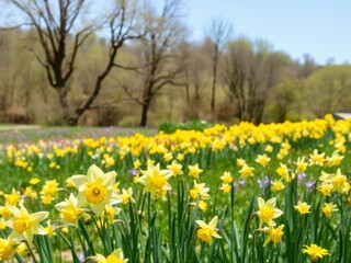 Field of vibrant yellow daffodil flowers in full bloom under a clear blue sky, countryside, natural, floral