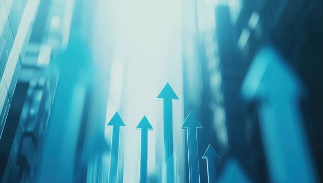 Blue arrows pointing upwards on a light blue background with a blurry cityscape, representing business growth and a stock market rise or an acceleration concept Generative AI
