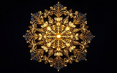 A golden snowflake ornament with intricate designs, glowing brightly in the center of a deep black background