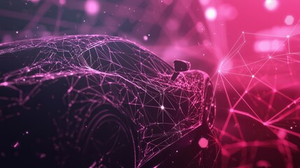 A futuristic car design represented with a network of glowing lines and connections.