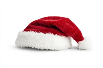 A lifelike photograph of a red Santa Claus hat adorned with a white pompom, standing out against a white backdrop