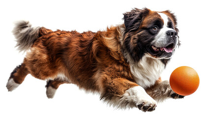 Fototapeta premium Saint Bernard dog leaps playfully with orange ball.