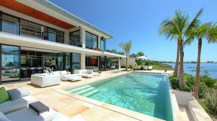 Fototapeta premium Modern villa with a pool overlooking a serene landscape.