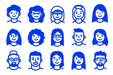 Isolated blue line art icons of avatar silhouettes on a white background